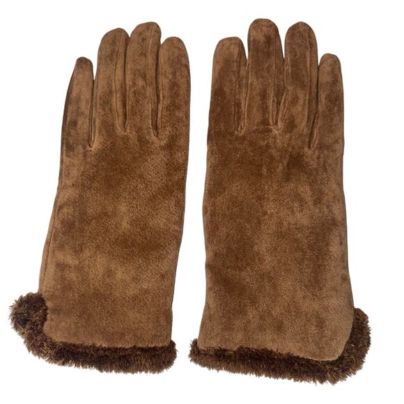 Totes Isotoner Chocolate Brown Leather Gloves Womens XL Faux Fur Sherpa Lined - Picture 2 of 5